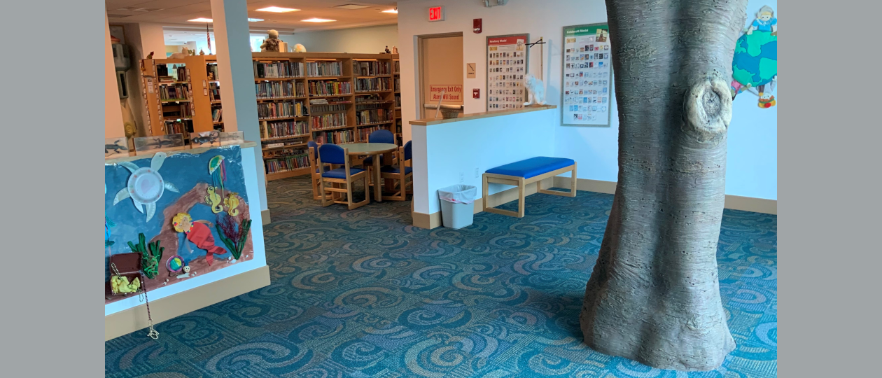 Interior building picture 1st floor Children's Area Storytime Tree looking back into Library